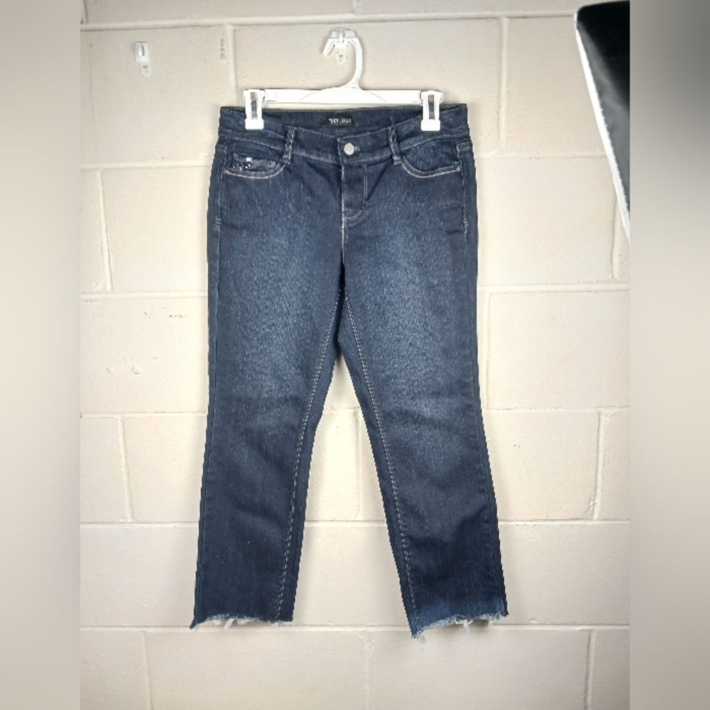 White House Black Market Womens Noir Jeans Dark Wash Raw Hem Crop Sz 2 Rhineston